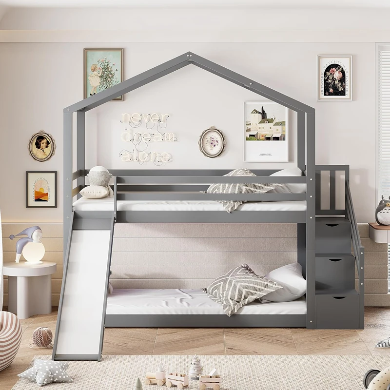 Letto a castello per bambini in legno di pino a forma di casa &ndash; Letto a piattaforma doppia in stile