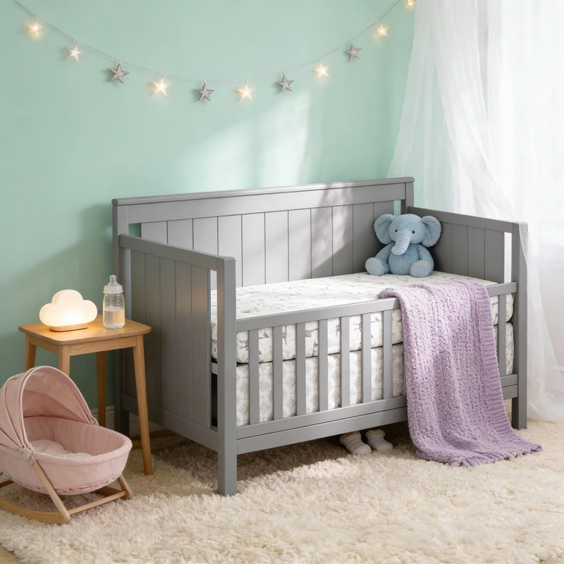 Lettino per bambini moderno in legno massello con altezza regolabile e design convertibile