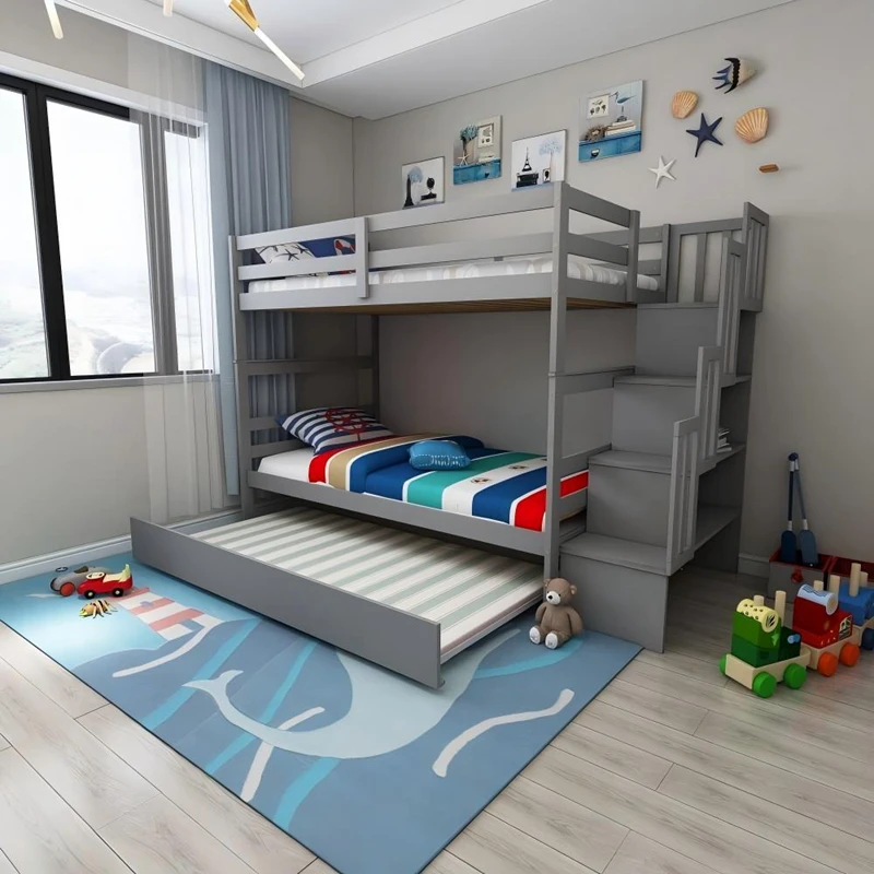 Letto a castello in legno massello con scala portaoggetti per bambini | Gemello su gemello