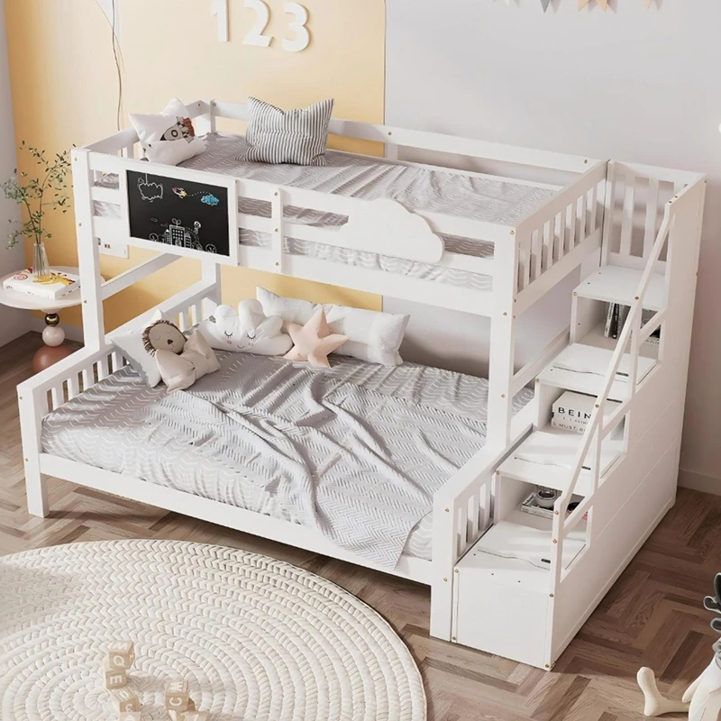 Letto a castello in legno massello con scala portaoggetti per bambini | Gemello su gemello