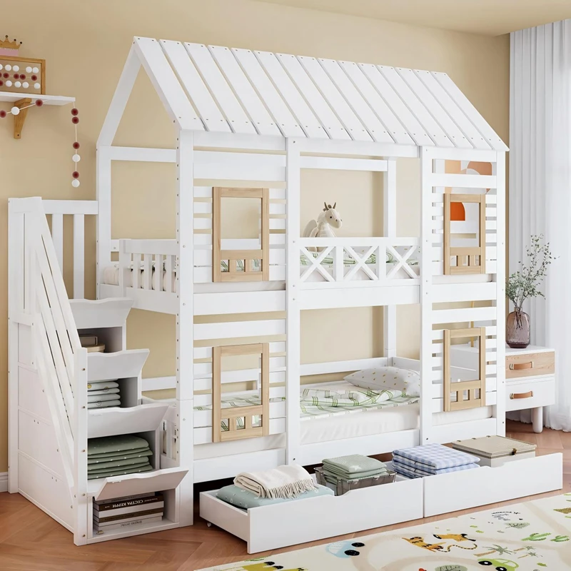 Letto a castello per bambini in legno di pino a forma di casa &ndash; Letto a piattaforma doppia in stile