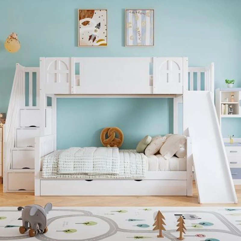 Letto a castello in legno massello con scala portaoggetti per bambini | Gemello su gemello