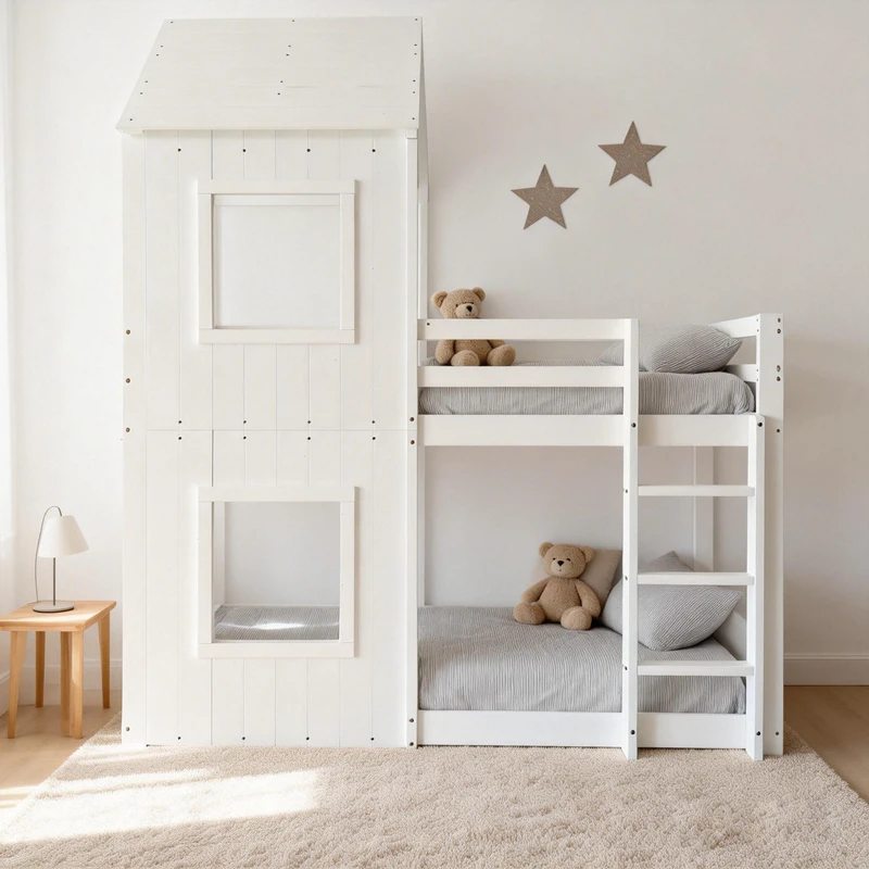 Letto a castello per bambini in legno di pino a forma di casa &ndash; Letto a piattaforma doppia in stile