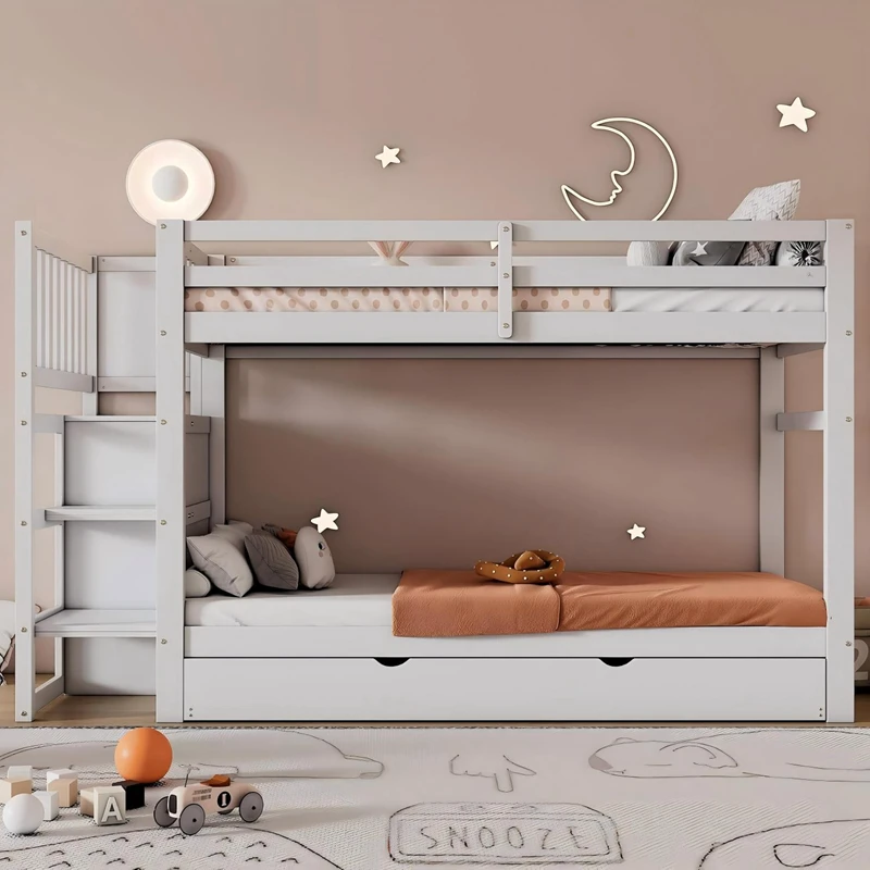 Letto a castello in legno massello con scala portaoggetti per bambini | Gemello su gemello