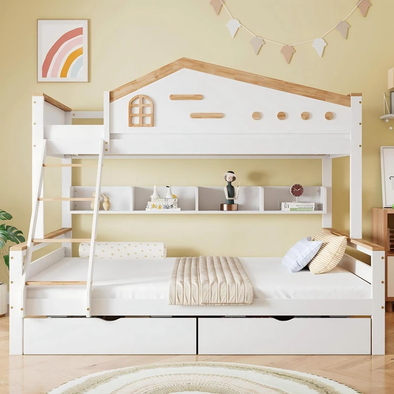 Letto a castello per bambini in legno di pino a forma di casa &ndash; Letto a piattaforma doppia in stile