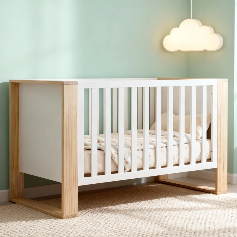 Lettino per bambini moderno in legno massello con altezza regolabile e design convertibile