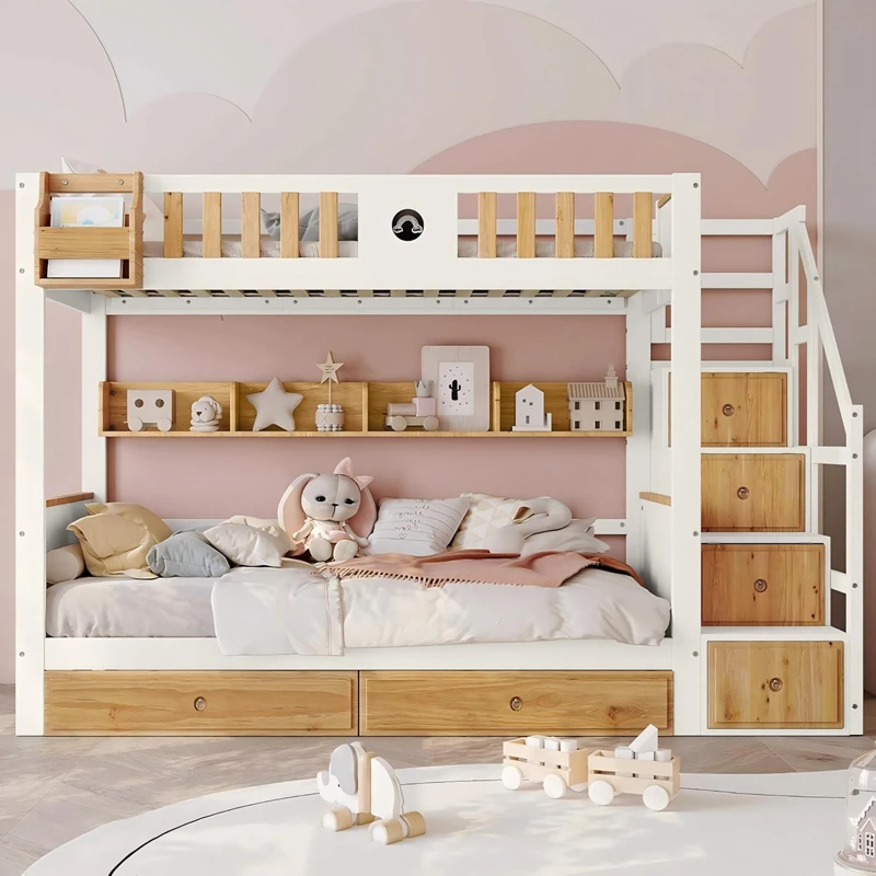 Letto a castello in legno massello con scala portaoggetti per bambini | Gemello su gemello