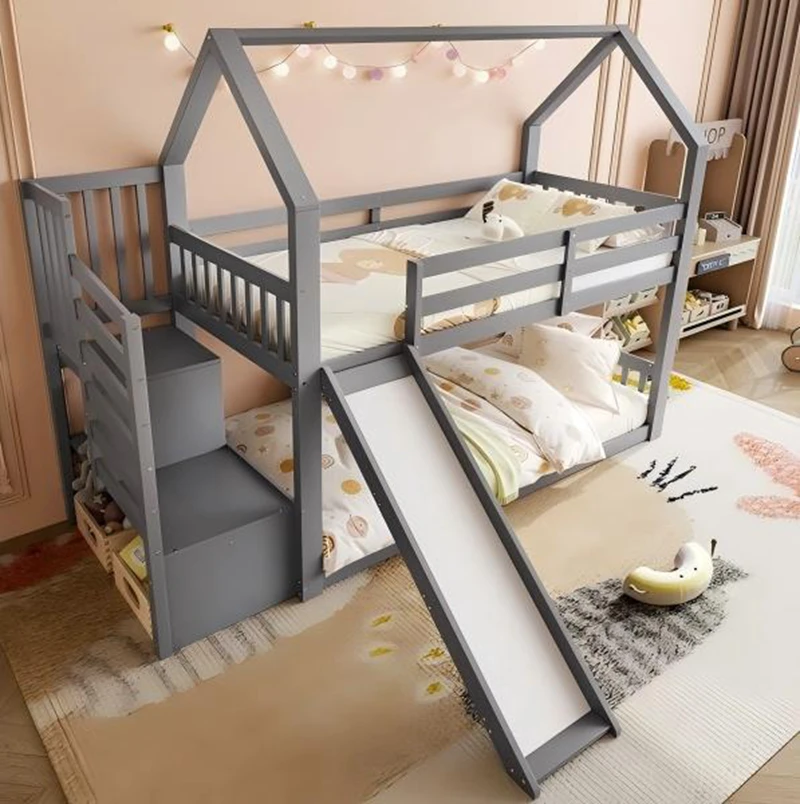 Letto a castello per bambini in legno di pino a forma di casa &ndash; Letto a piattaforma doppia in stile