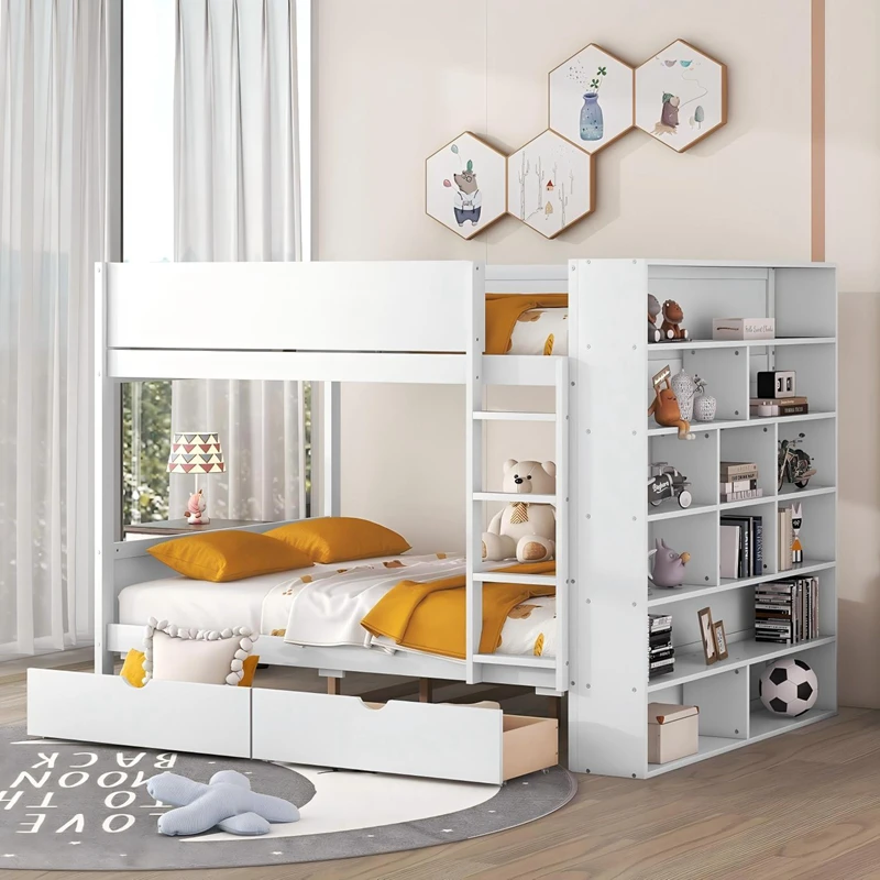Letto a castello in legno massello con scala portaoggetti per bambini | Gemello su gemello