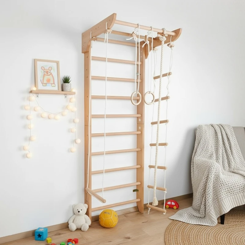 Palestra da giungla indoor pieghevole 7 in 1 - Set da arrampicata con scivolo, parete rocciosa e bar