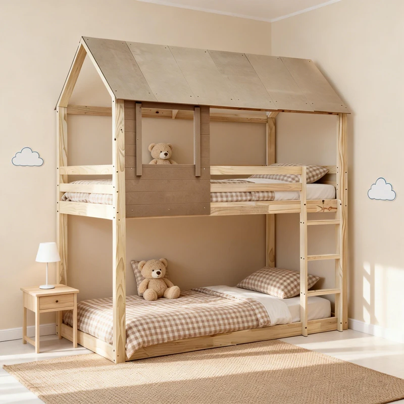 Letto a castello per bambini in legno di pino a forma di casa &ndash; Letto a piattaforma doppia in stile