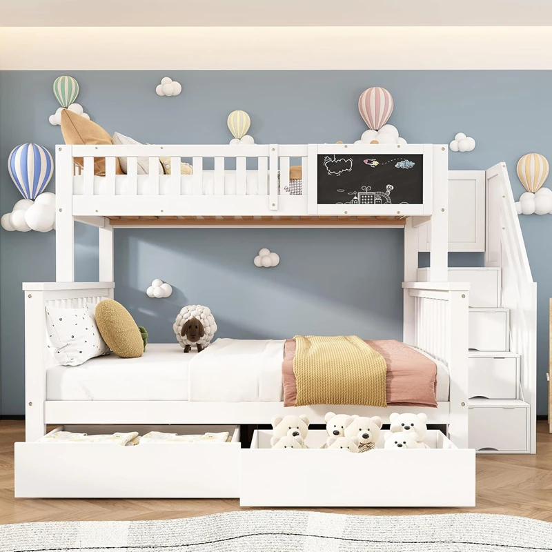 Letto a castello in legno massello con scala portaoggetti per bambini | Gemello su gemello