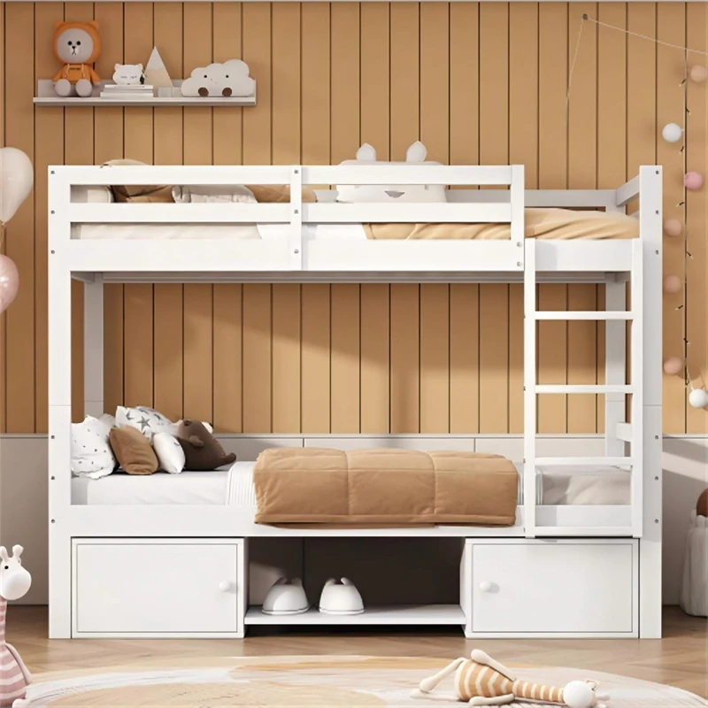 Letto a castello in legno massello con scala portaoggetti per bambini | Gemello su gemello