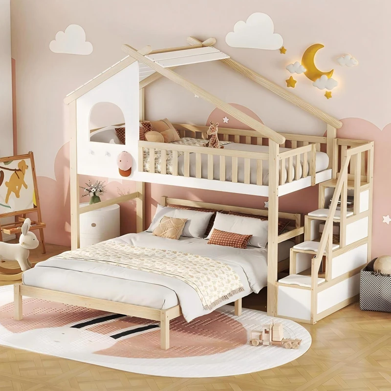 Letto a castello per bambini in legno di pino a forma di casa &ndash; Letto a piattaforma doppia in stile