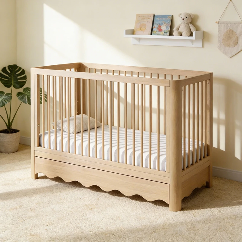 Lettino per bambini moderno in legno massello con altezza regolabile e design convertibile