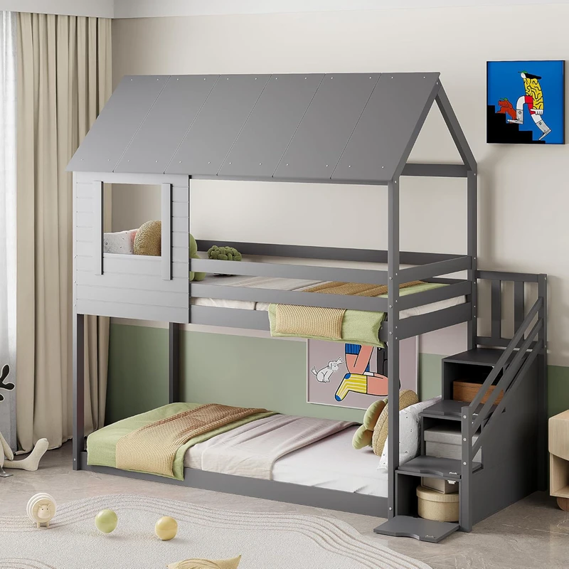 Letto a castello per bambini in legno di pino a forma di casa &ndash; Letto a piattaforma doppia in stile