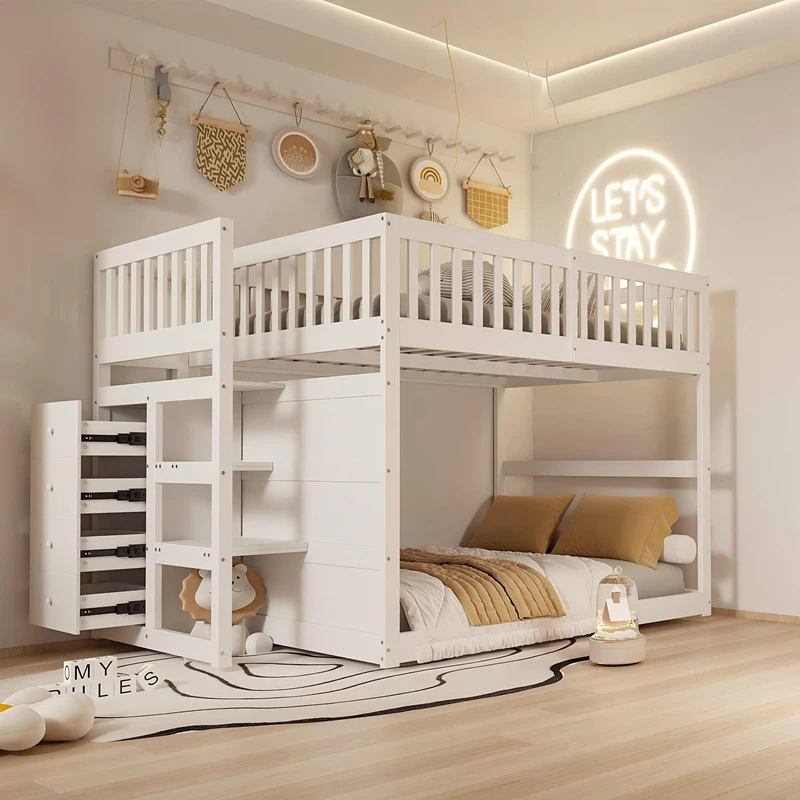 Letto a castello in legno massello con scala portaoggetti per bambini | Gemello su gemello