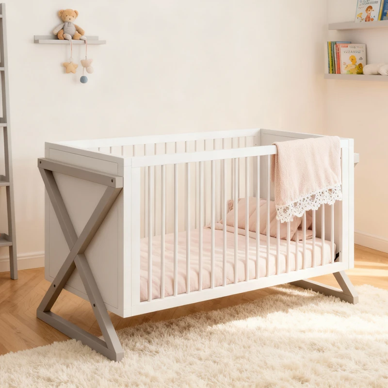 Lettino per bambini moderno in legno massello con altezza regolabile e design convertibile