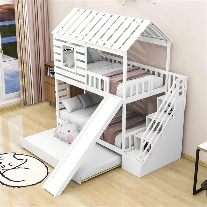 Letto a castello per bambini in legno di pino a forma di casa &ndash; Letto a piattaforma doppia in stile