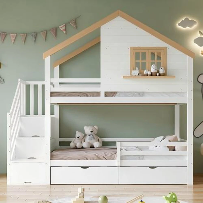 Letto a castello per bambini in legno di pino a forma di casa &ndash; Letto a piattaforma doppia in stile