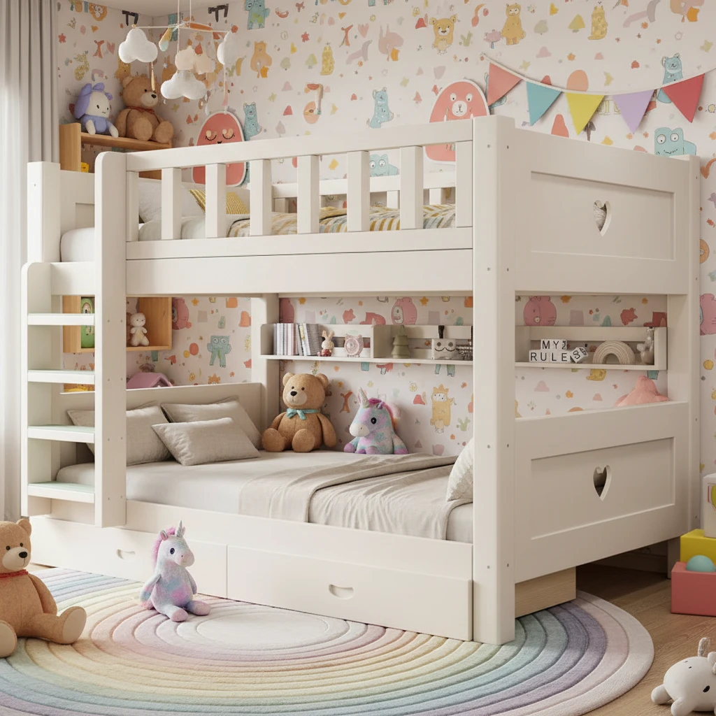 Letto matrimoniale per bambini moderno in legno massello con scaletta e funzione contenitore per cam