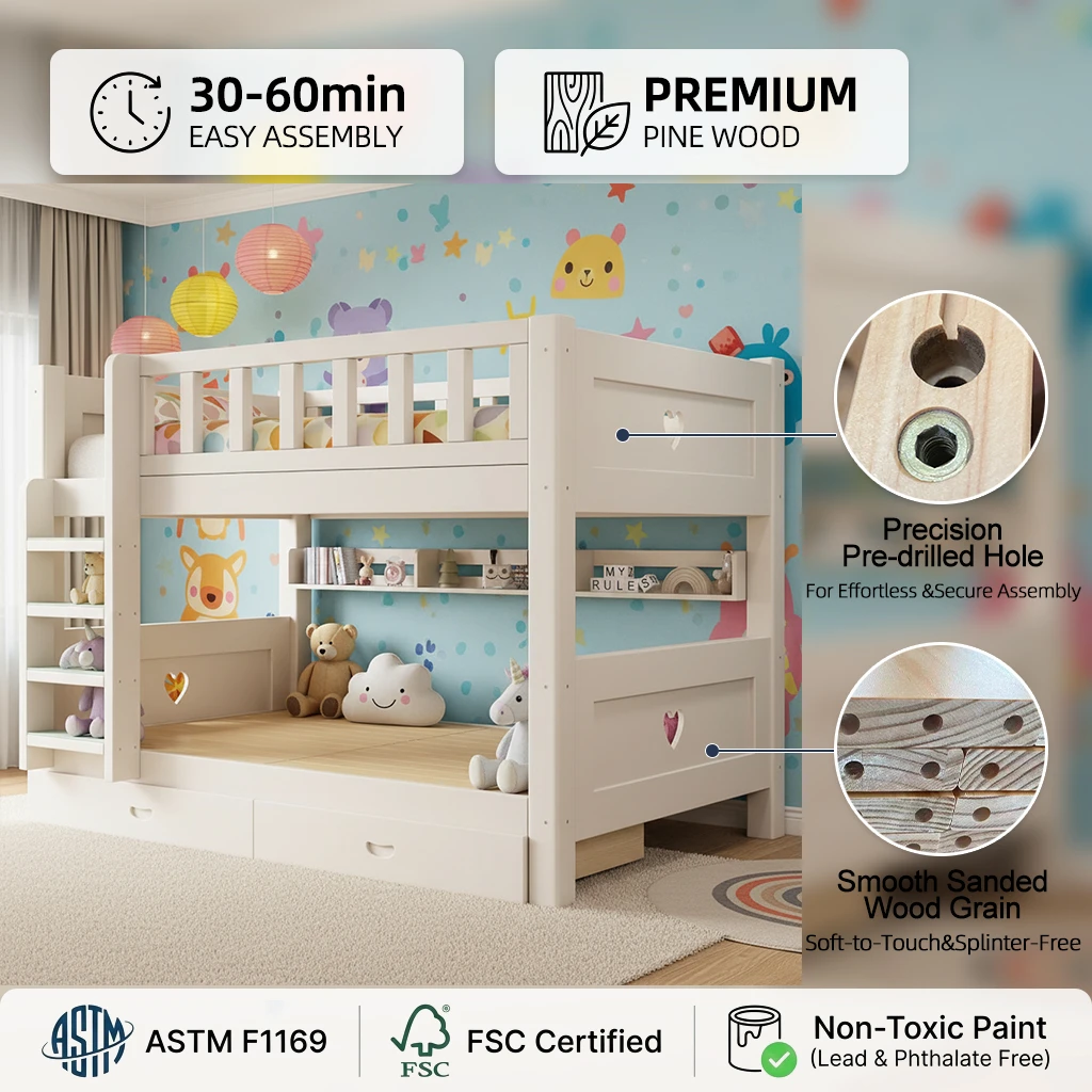 Letto matrimoniale per bambini moderno in legno massello con scaletta e funzione contenitore per cam