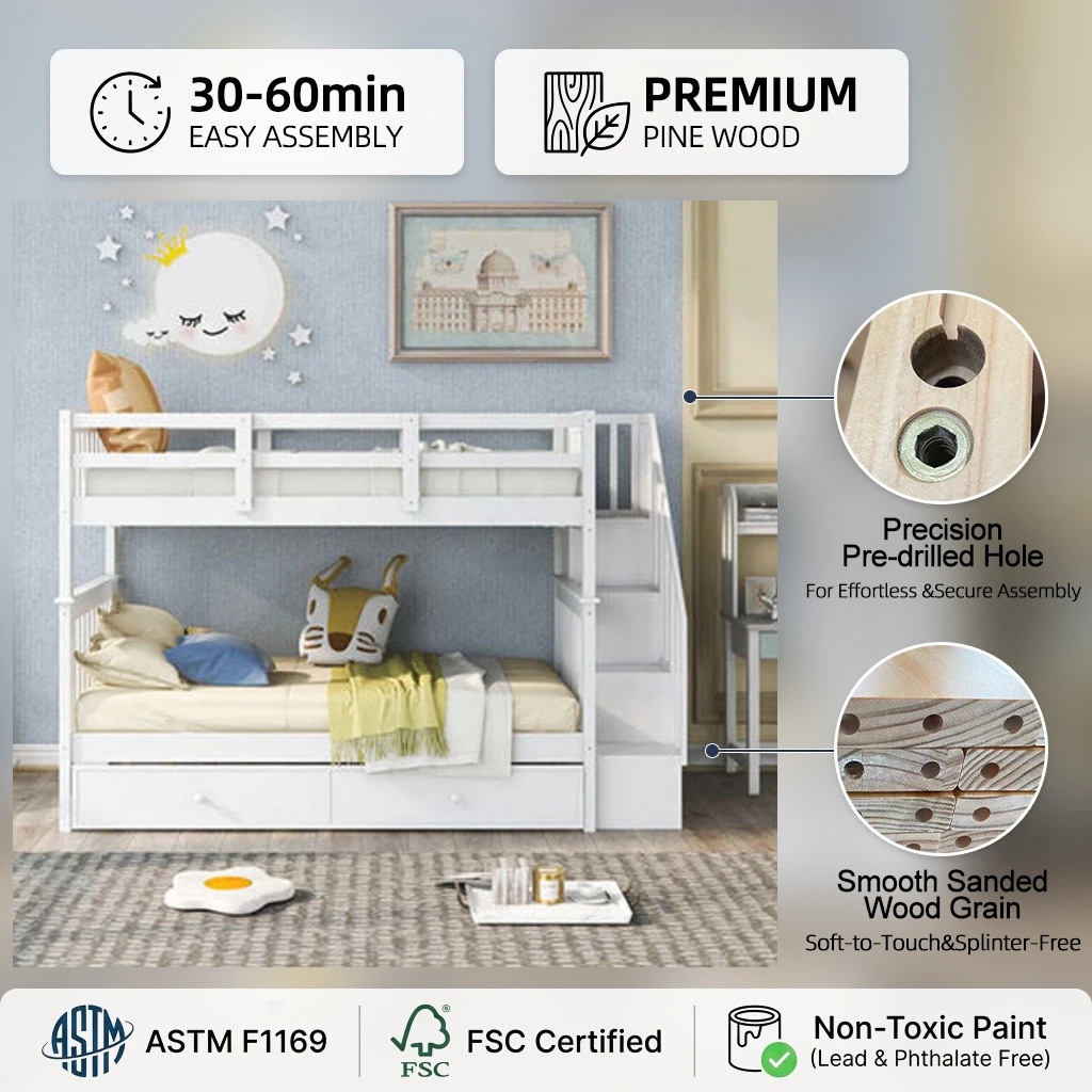 Letto a castello doppio in legno di pino premium con scale e cassetti, certificato di sicurezza ASTM