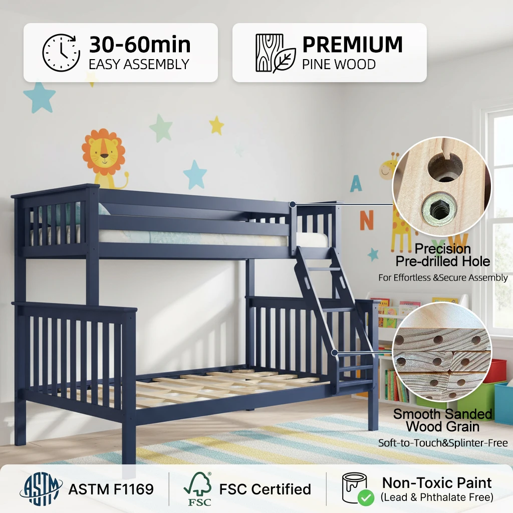 Letto a castello moderno in pino massiccio dotato di contenitore, supporto personalizzazione del col