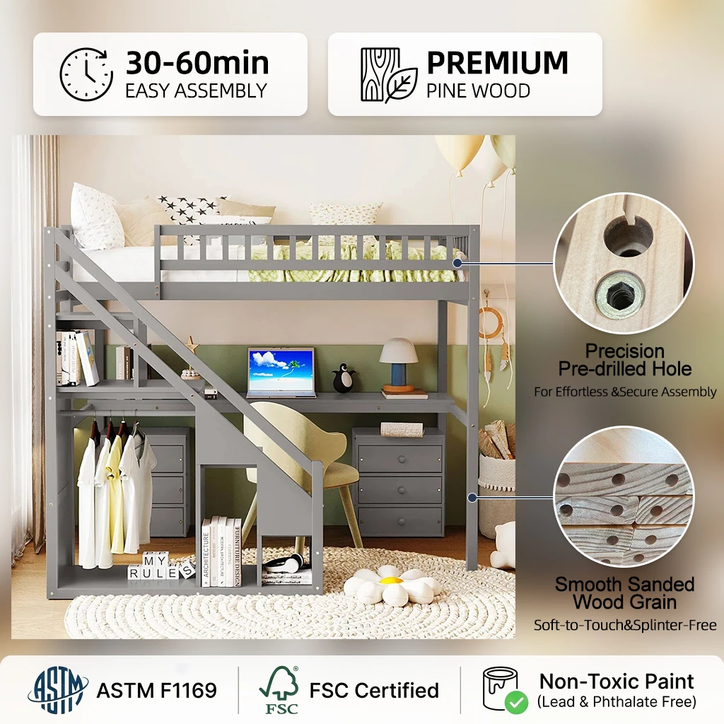 Letto moderno ed ecologico in legno con scrivania, due cassettiere e illuminazione a LED, contenitor