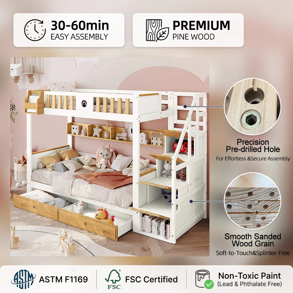 Letto a castello in legno con scale portaoggetti, cassetti e ripiani laterali, letto a castello per