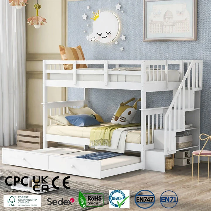 Letto a castello doppio in legno di pino premium con scale e cassetti, certificato di sicurezza ASTM
