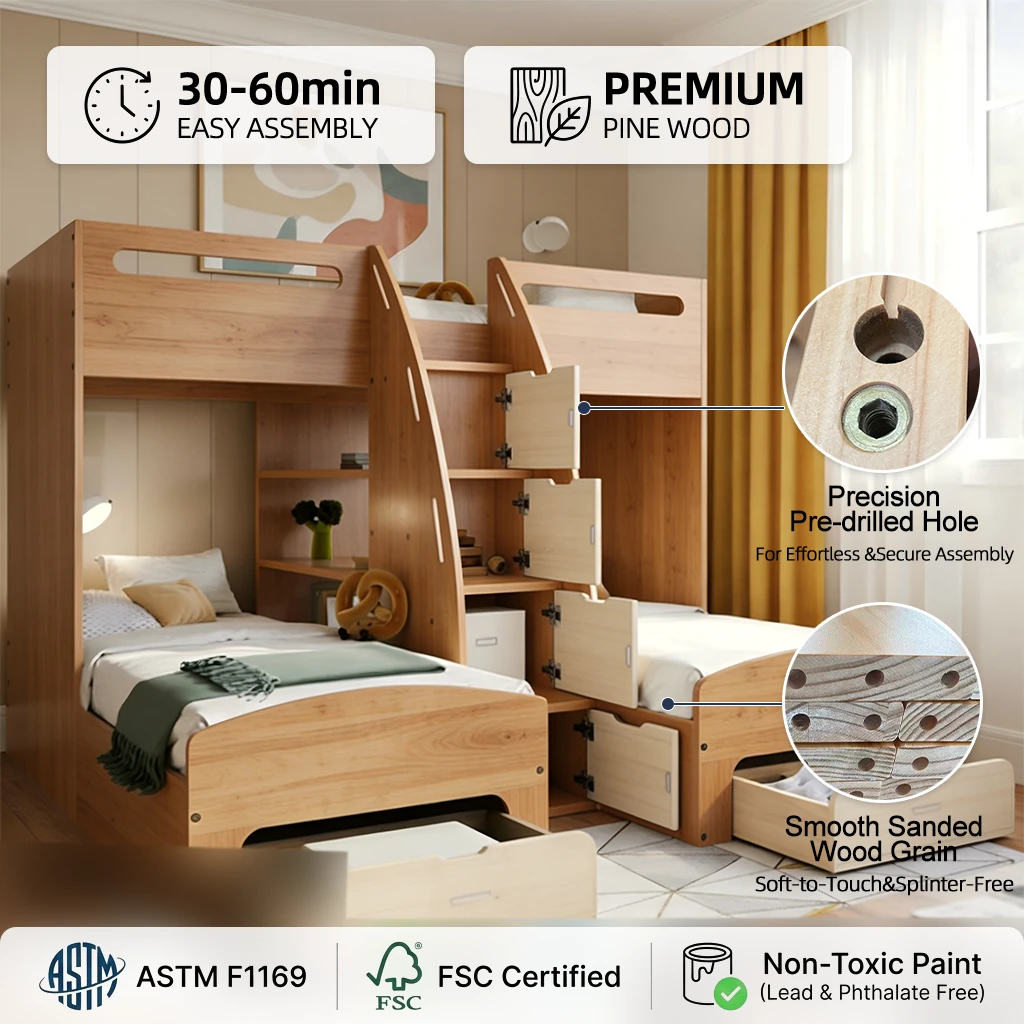 Letto a castello triplo moderno per bambini, letto in legno con finitura bianca e rovere con conteni