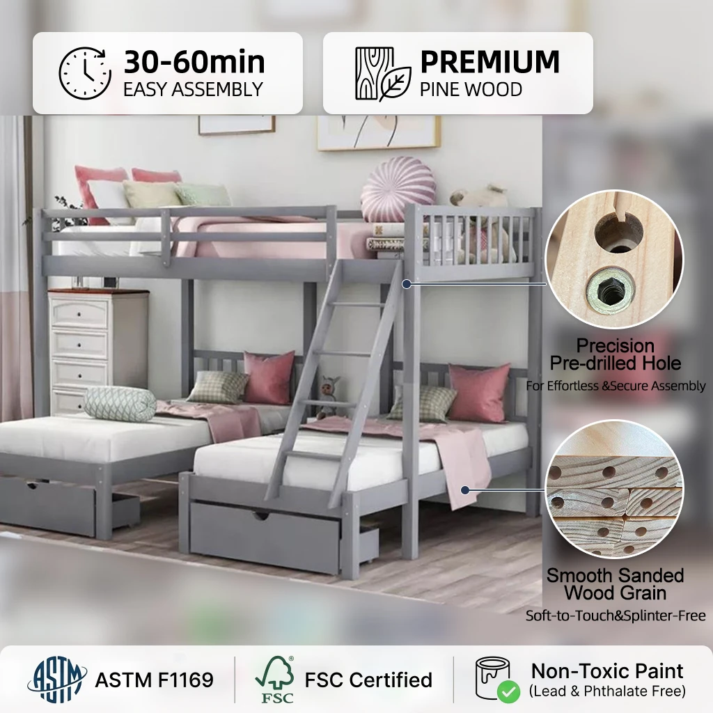Letto a castello moderno convertibile in legno, design Twin Over Twin con scala pieghevole e piattaf