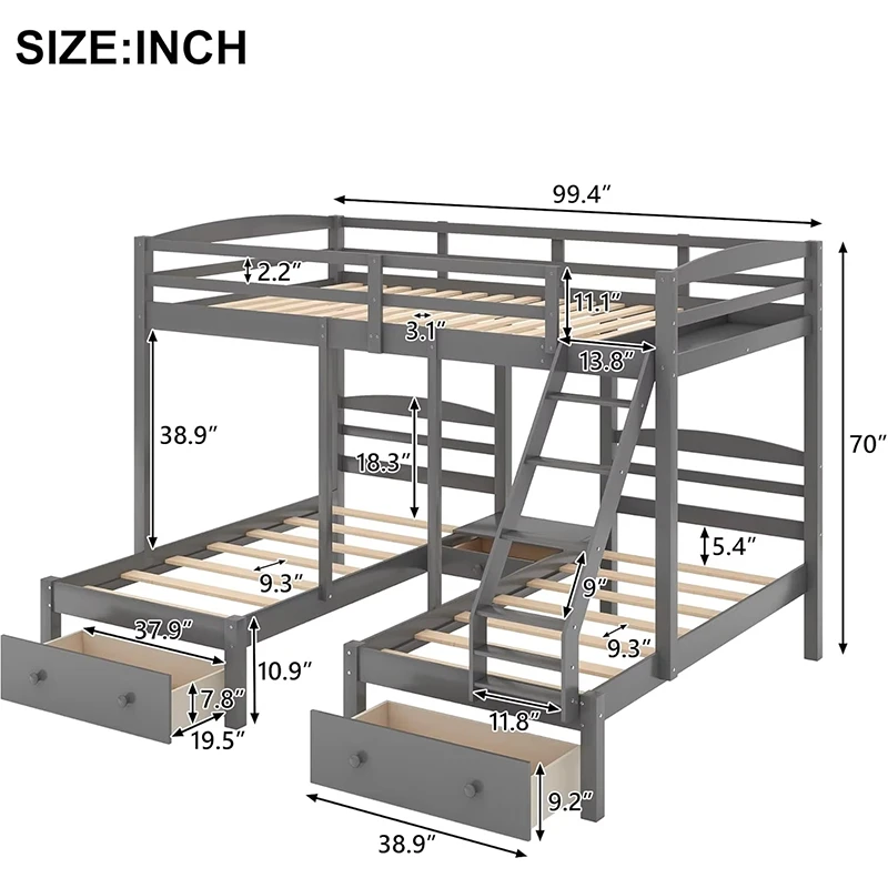 Letto a castello moderno convertibile in legno, design Twin Over Twin con scala pieghevole e piattaf