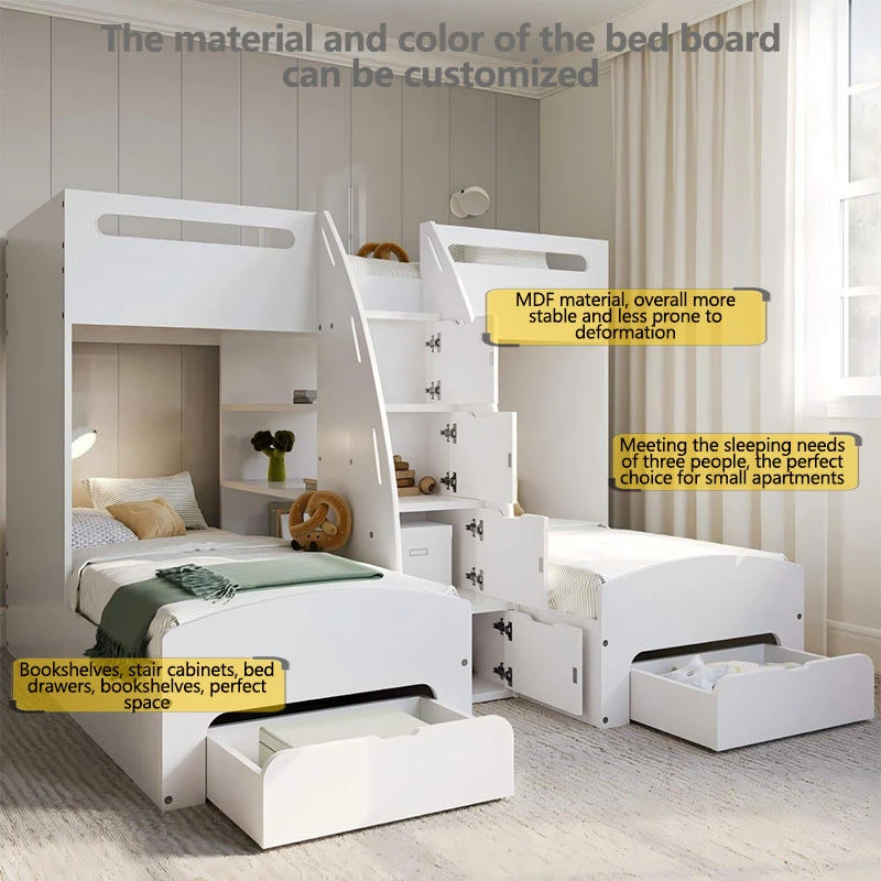 Letto a castello triplo moderno per bambini, letto in legno con finitura bianca e rovere con conteni