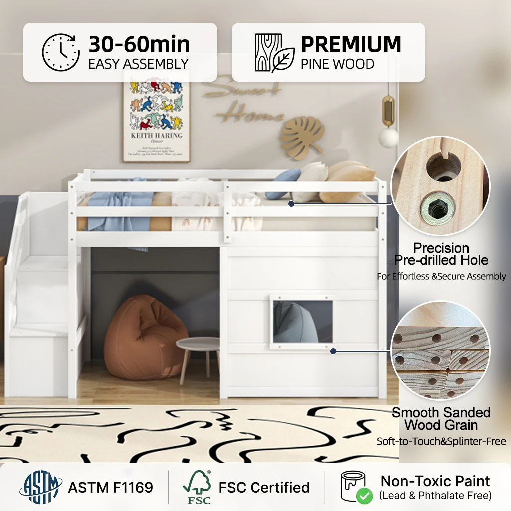 Letto a castello per bambini in legno massello in stile europeo, letto a soppalco doppio con scale,