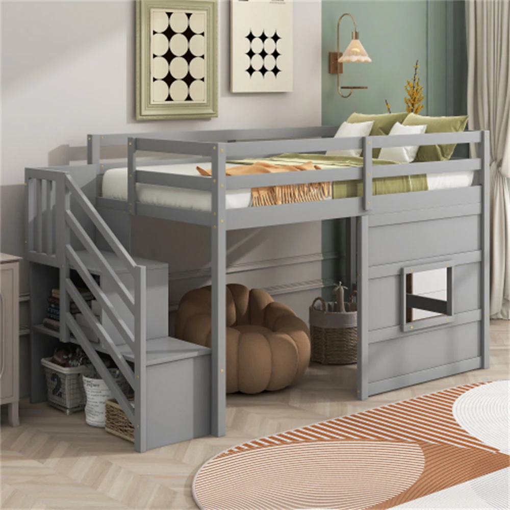 Letto a castello per bambini in legno massello in stile europeo, letto a soppalco doppio con scale,