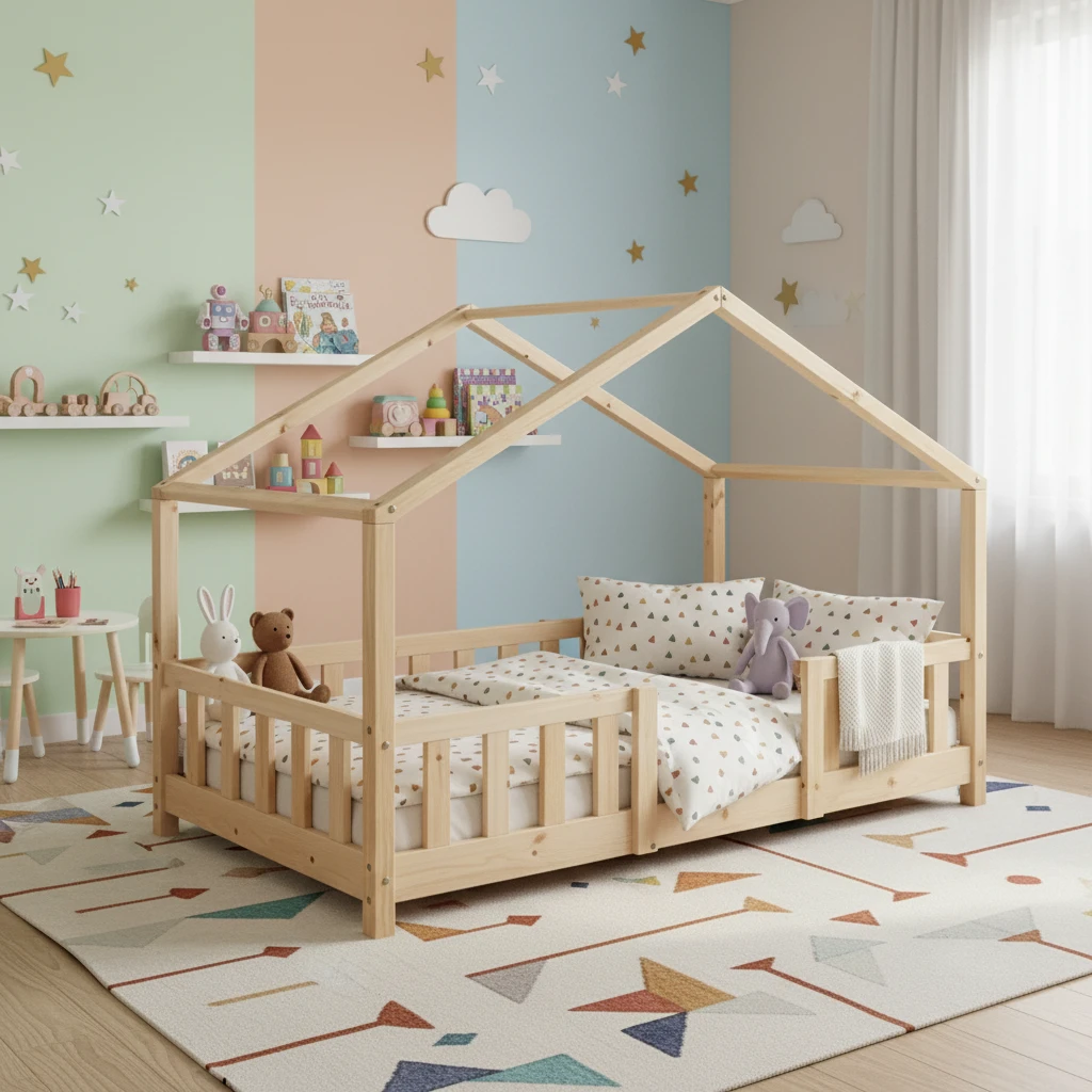 Letto tradizionale per bambini in legno massello con ringhiere di sicurezza, mobili per cameretta pe