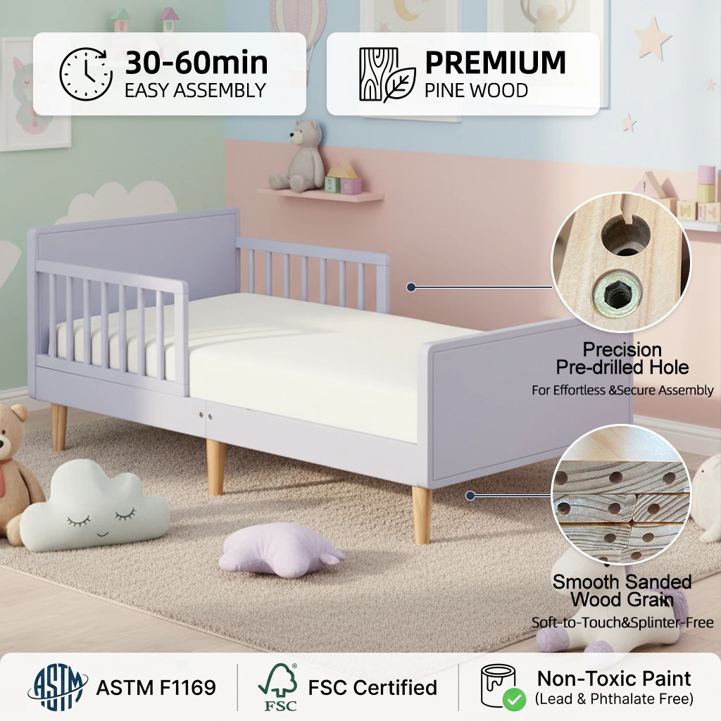 Lettino per bambini moderno in pino, lettino a tema Lavender Sky Gold con sponde di sicurezza integr