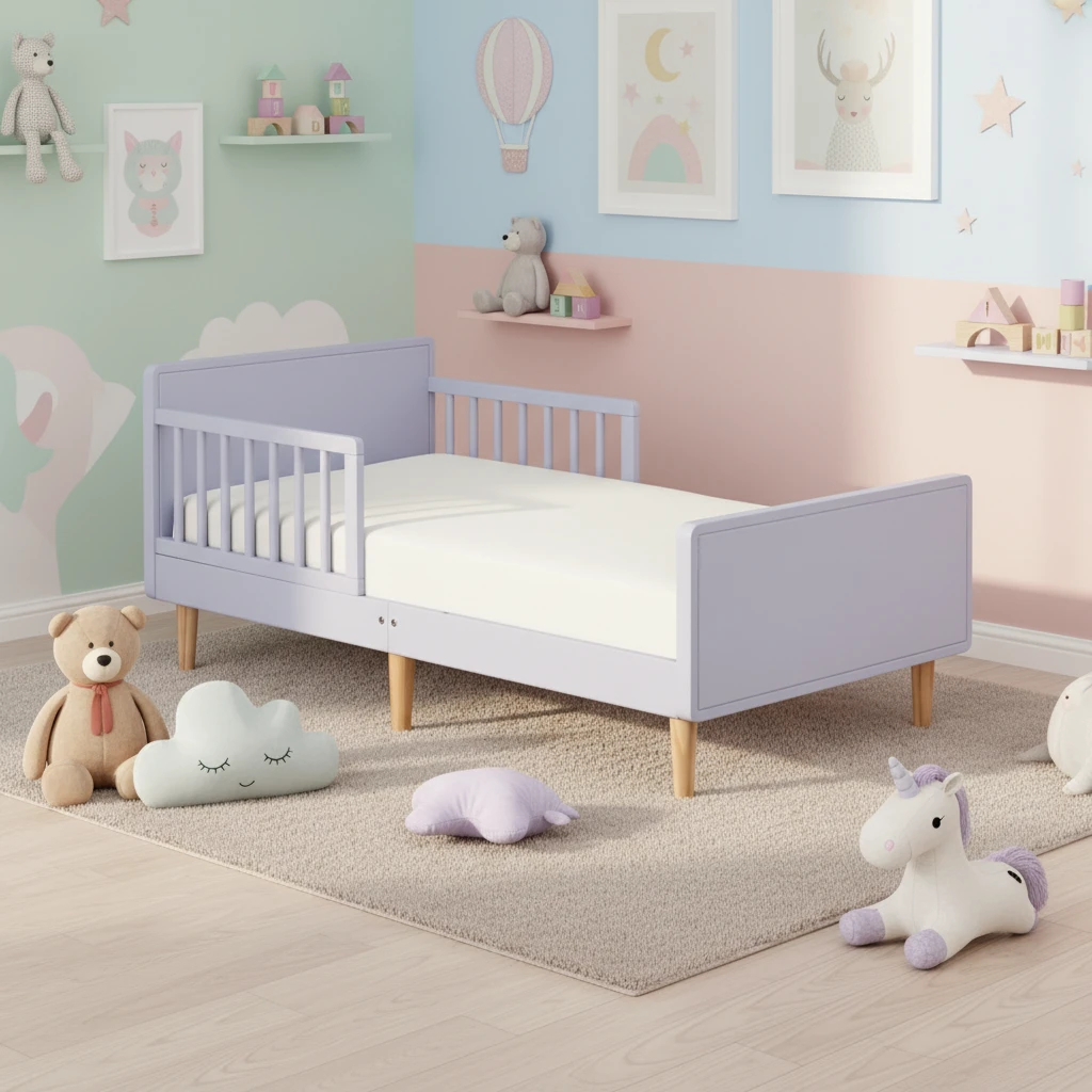 Lettino per bambini moderno in pino, lettino a tema Lavender Sky Gold con sponde di sicurezza integr