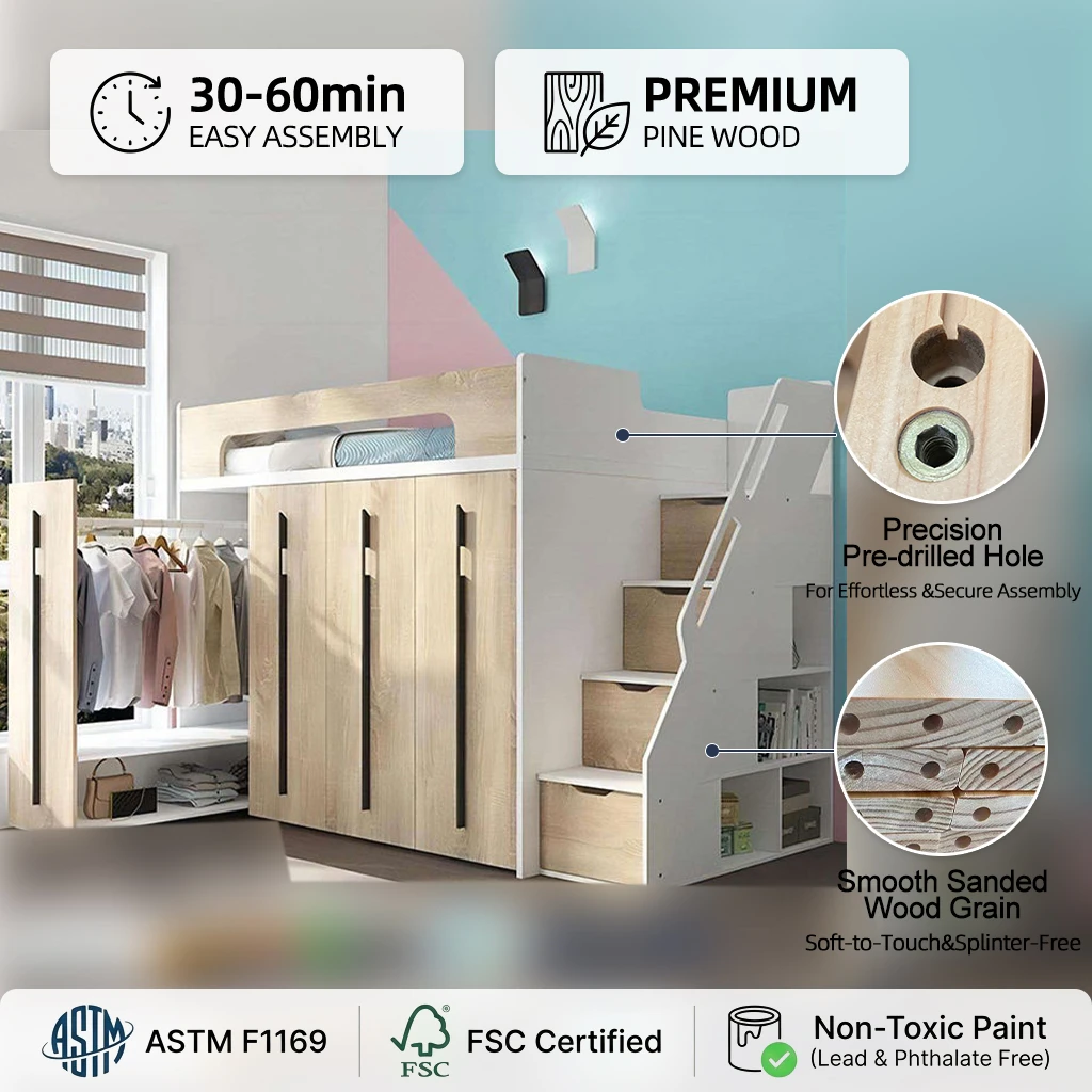 Nuovo letto a soppalco per bambini in legno multifunzionale, set di mobili per cameretta per bambini