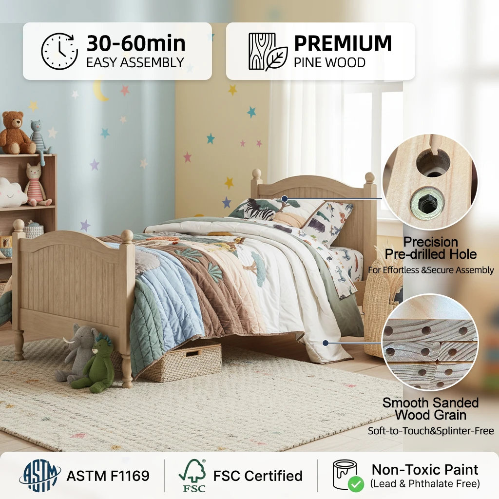 Letto per bambini in legno massello naturale, mobili per cameretta per bambini dal design unico