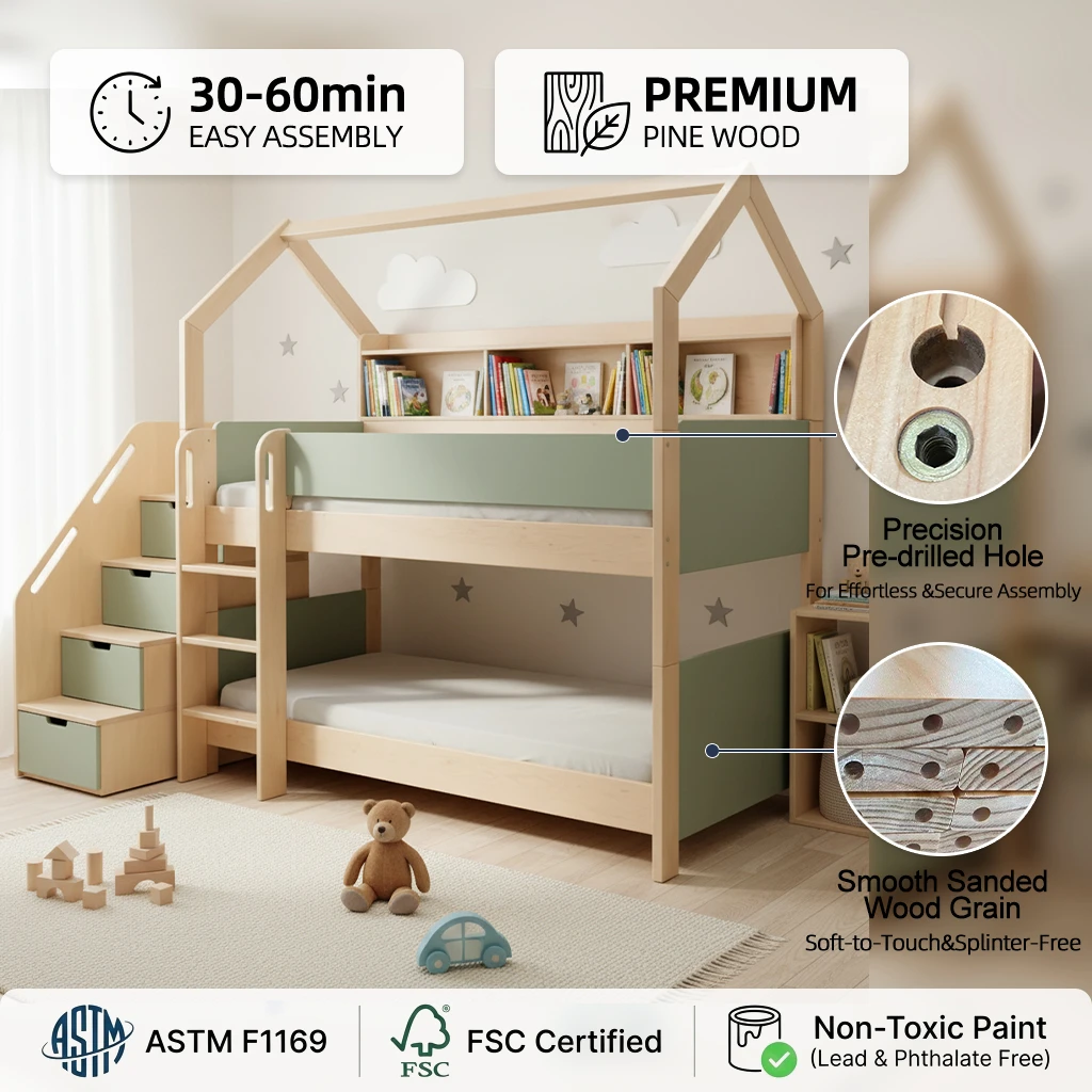 Letto per bambini moderno in legno a forma di casetta, multifunzionale con scaletta laterale, dispon
