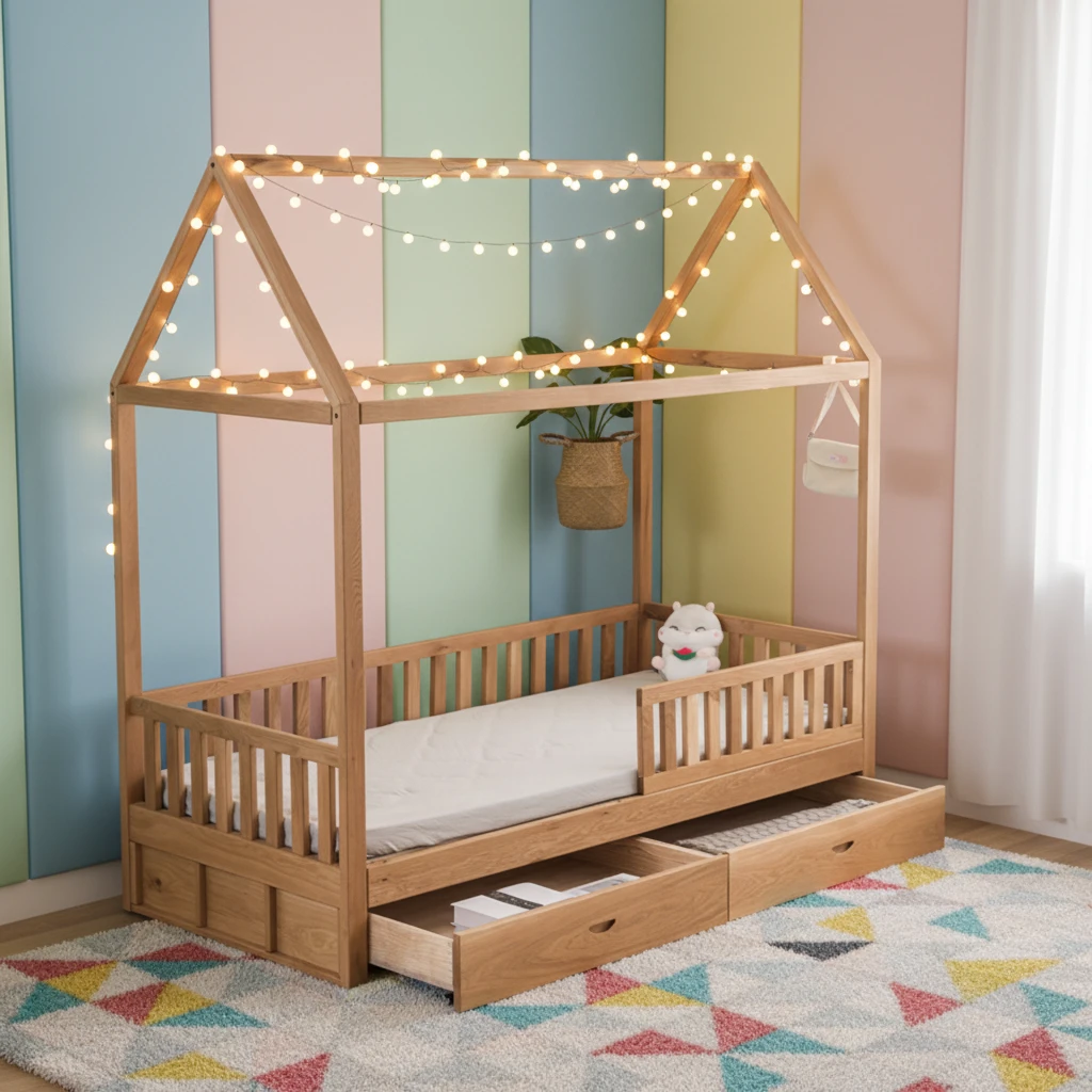 Letto a castello per bambini in stile fattoria in legno massello con cassetti portaoggetti e sponde
