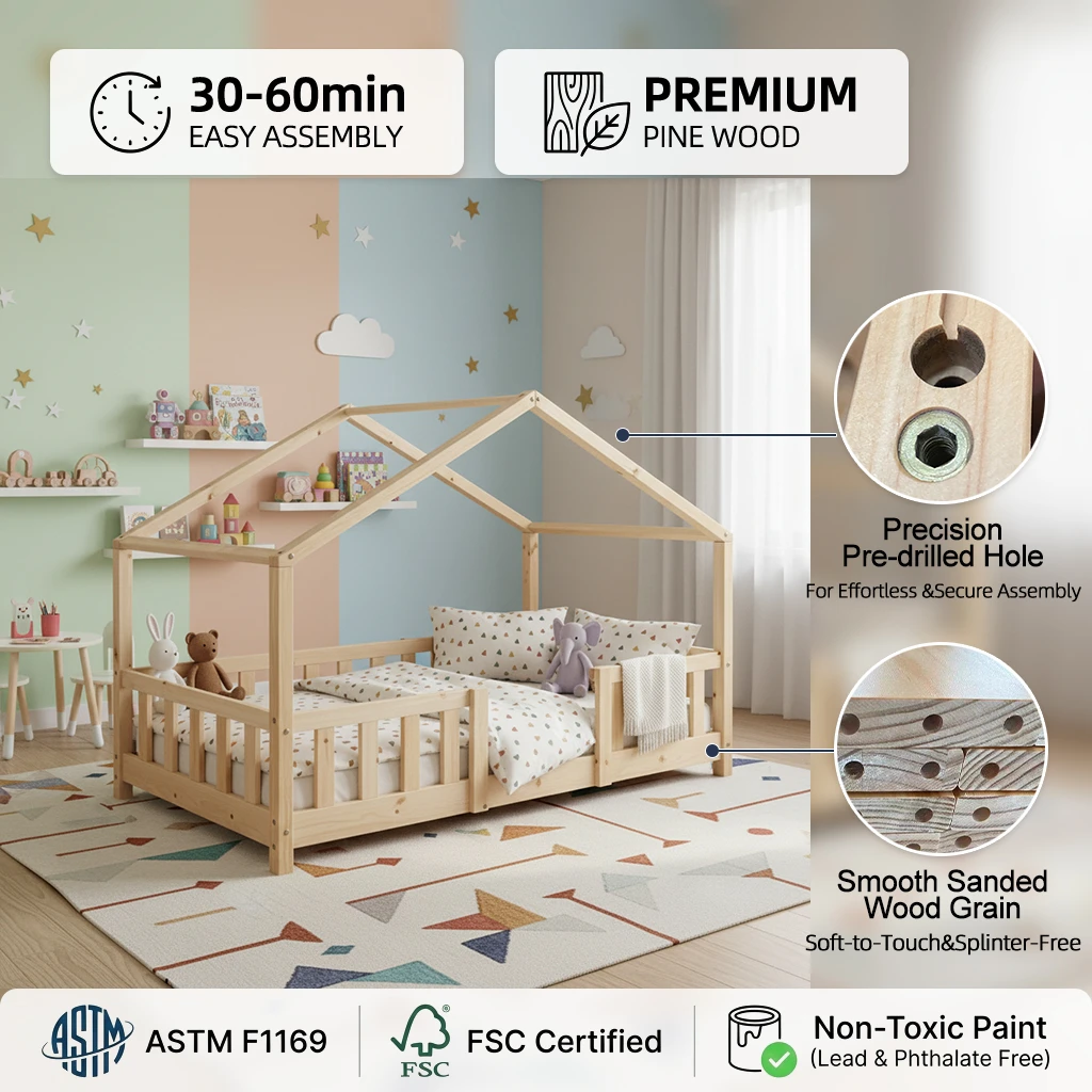 Letto tradizionale per bambini in legno massello con ringhiere di sicurezza, mobili per cameretta pe