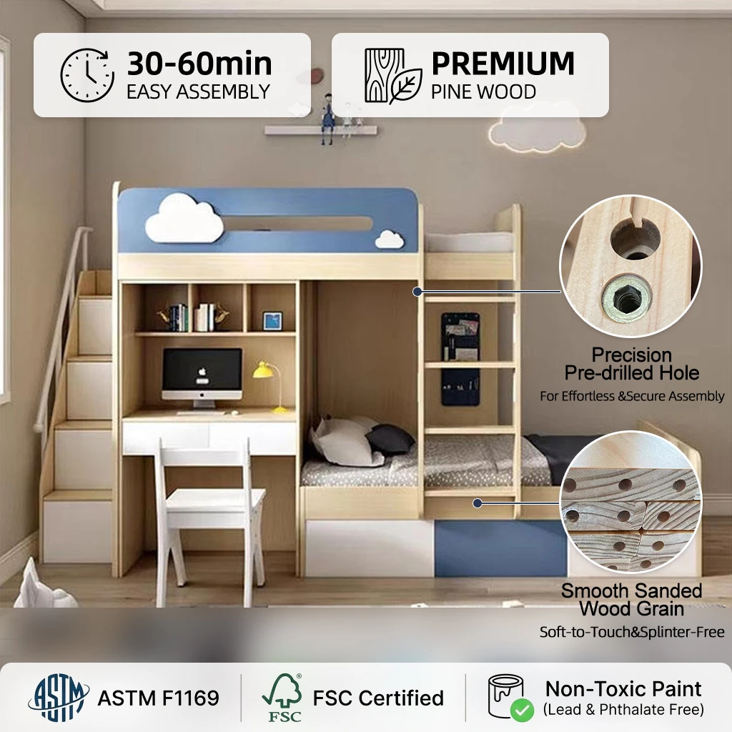 Letto a soppalco moderno per bambini in legno, set di mobili per camera da letto salvaspazio di alta