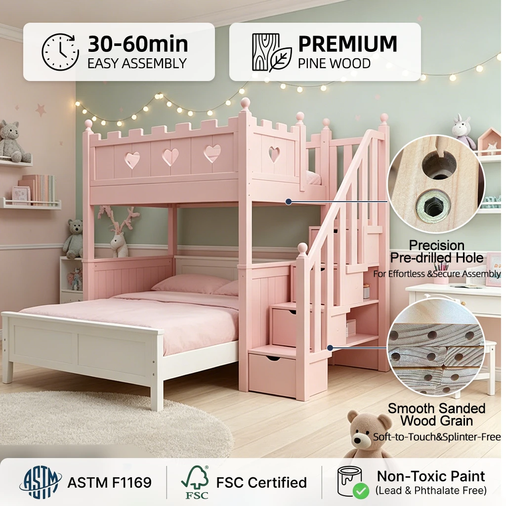 Letto a castello in legno massello castello principessa rosa con scale portaoggetti, letto da favola