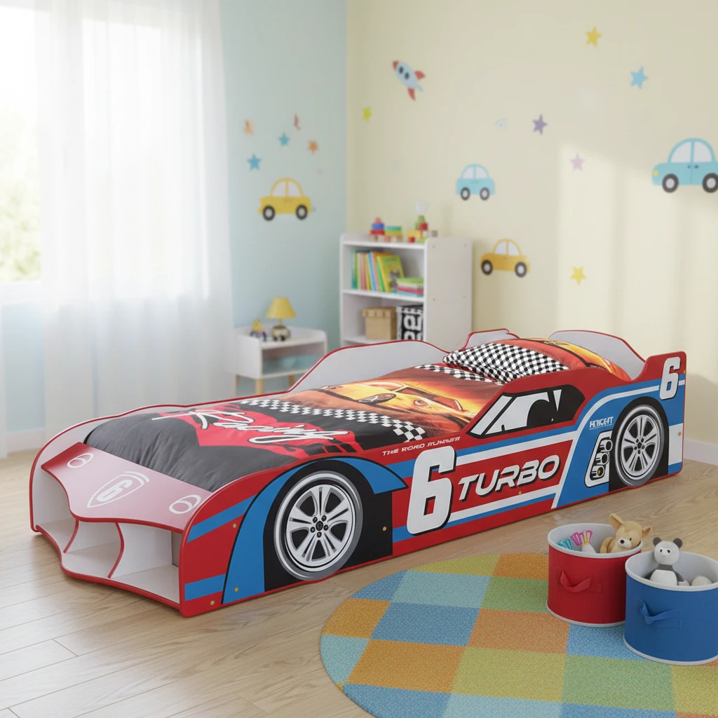 Lettino per bambini in legno a forma di auto da corsa, lettino per bambini ecologico con contenitore