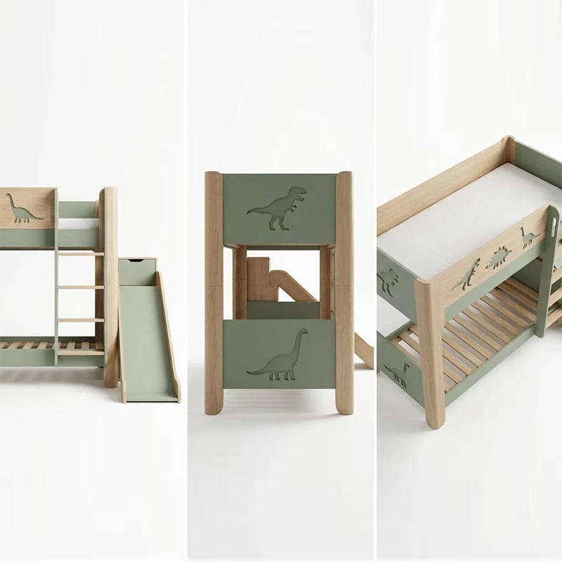 Letto a castello in legno massello a tema dinosauro, letto a castello moderno ed ecologico per bambi