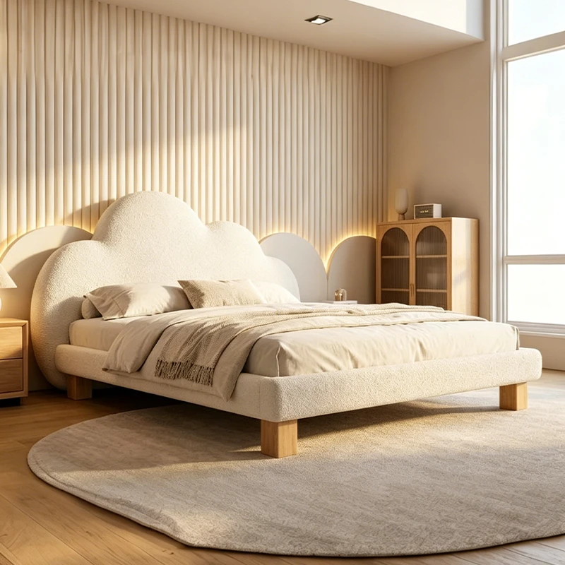 Lettino per bambini moderno e semplice in legno massello a forma di nuvola, letto imbottito in morbi